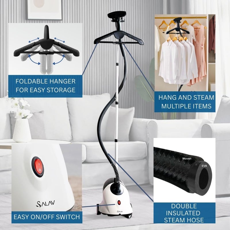 SALAV GS18-DJ Standing Garment Steamer with Smart Auto-Off, Wheels for Easy Movement, 1.8L Water Tank for 1hr Continuous Steaming, Adjustable Pole for Storage, with Descaler Packet, 1500 watts - Image 5